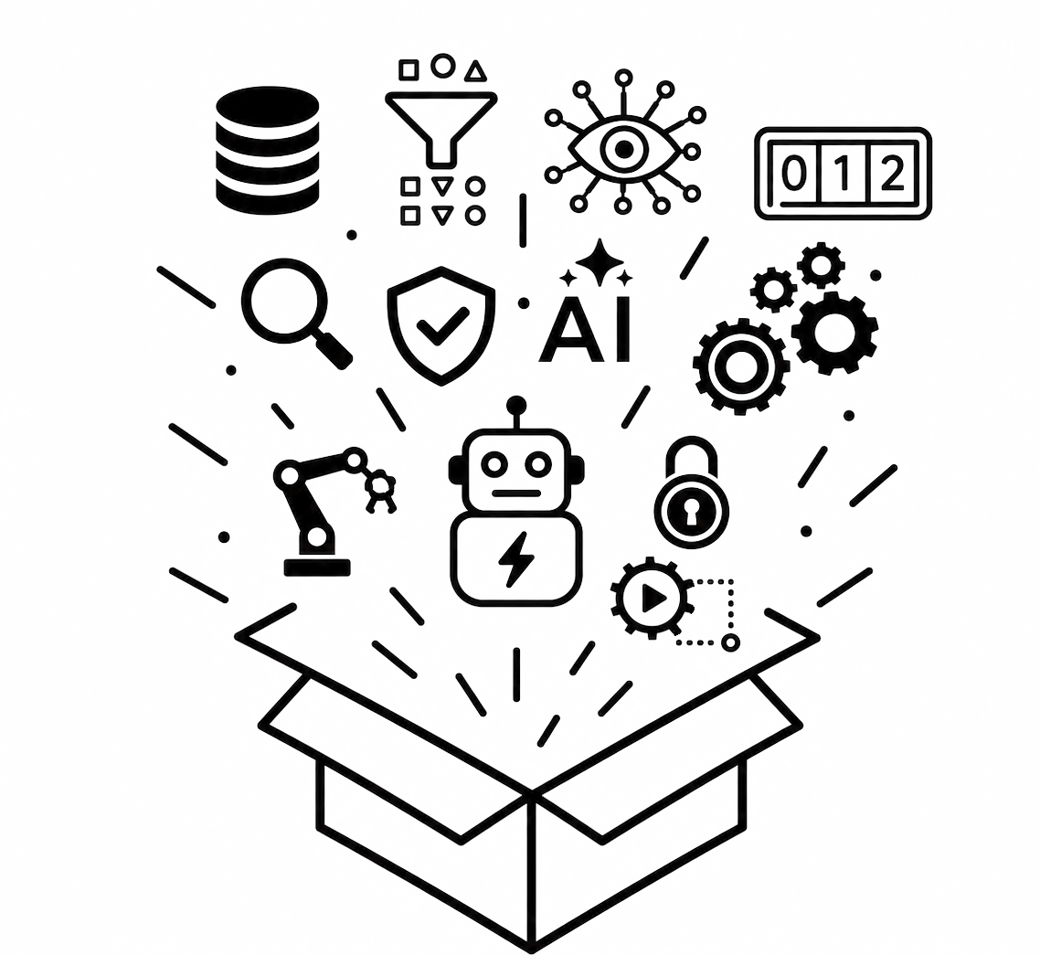 An open box with icons representing AI, robotics, automation and data solutions